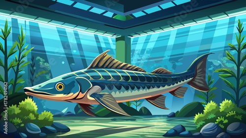 Very beautiful Atlantic sturgeon displayed in a large aquarium tank at the National Aquarium in Baltimore, Maryland, USA, featuring clear blue water, soft lighting, and a realistic view of the fish’s 