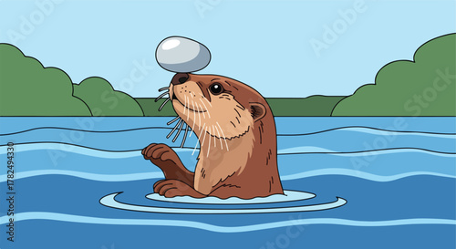 Otter balancing object on nose in water. Green background