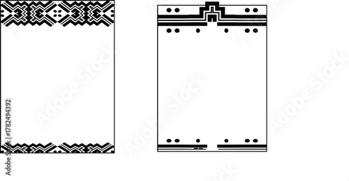 Decorative geometric border frames displayed in a clean black and white style. Ornamental patterns create elegant empty spaces for text or design layouts. Perfect for invitations, posters, and graphic