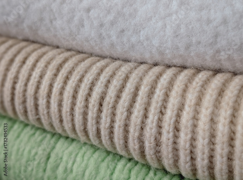 macro stack of rolled fabrics: white fleece, beige ribbed knit and pale green texture