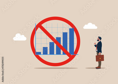 Rising profit growth graph and red symbol NO. Embargo, trade wars. Restriction on investment profit. Vector flat illustration