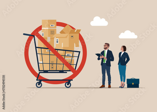 Embargo, trade wars. Cardboard boxes in supermarket trolley and a red symbol NO. Vector flat illustration