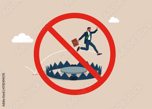 Bear trap at red prohibition sign NO. Avoid pitfall steel bear trap. Stop. Flat vector illustration. 