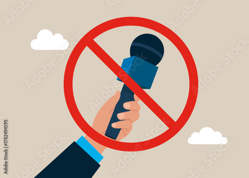 Stop press conference. Press conference with journalist or reporter. Hand holding microphones with prohibition sign NO. Vector flat illustration