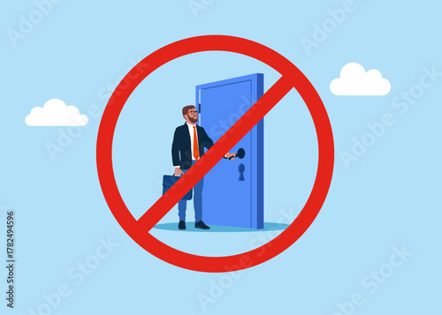 No Entrance and exit sign. Businessman opens or closes door inside. Vector flat illustration
