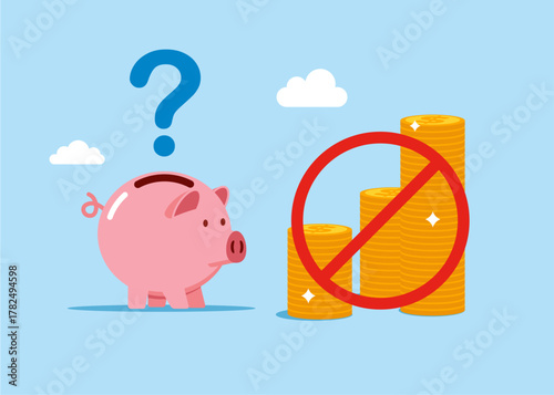 Sanctions, credit history. Confiscation, blocking of assets. Economic embargo. Savings. Loan disapproval. Prohibition sign NO separates coins and piggy bank. Vector flat illustration