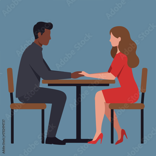 Two diverse people, sitting at a table holding hands, facing each other. Simple illustrative style, muted color palette