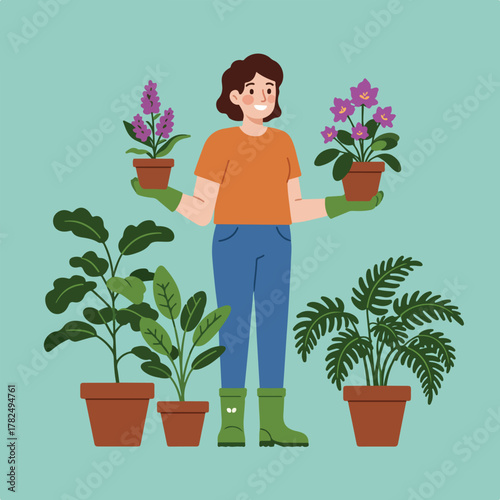 An illustration shows a person surrounded by potted plants and holding two flowering plants. They wear gardening gloves