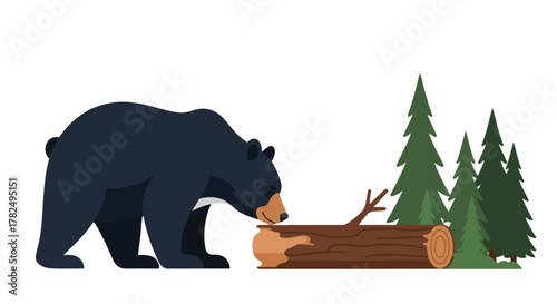 A cartoon bear investigates a log near pine trees