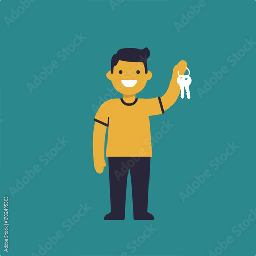 A flat-design illustration of a smiling person holding up a set of keys on a teal-colored background