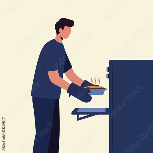 An illustration shows a person wearing oven mitts taking a hot dish from an oven