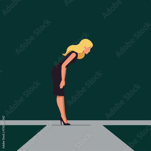 A stylized blonde woman in a black dress bows, standing on a gray surface against a dark background