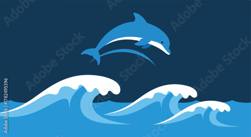 A cartoon dolphin leaps above the ocean waves