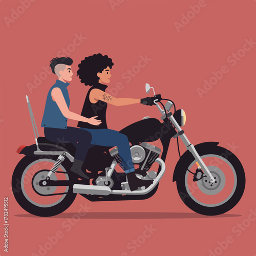Two people on a motorcycle with an Afro and a short hairstyle, riding on a red-toned background