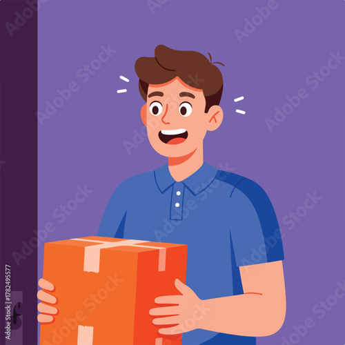 A happy man with a blue shirt is holding a brown box in front of a purple door with amazement