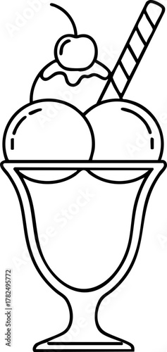 Ice cream sundae with three scoops and cherry, black and white line art vector illustration.