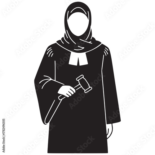 Empowered female judge in hijab upholding justice with authority and grace, promoting diversity and inclusion in legal profession, originally vector graphics