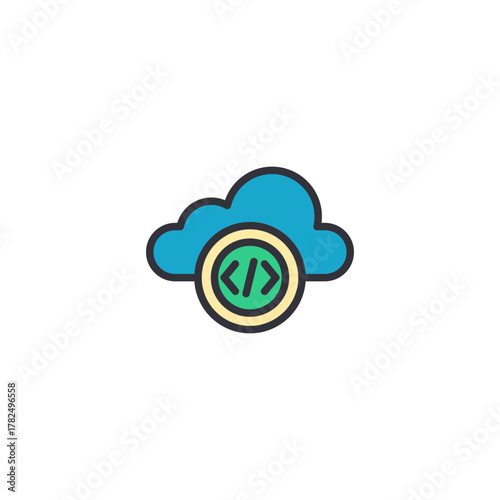 Vector cloud icon showing programming code symbol inside cloud environment, representing online computing, cloud integration, or server less application deployment in modern digital workflow.