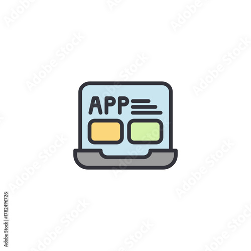 Laptop device showing APP text label representing mobile application development workflow, symbolizing UI design, software testing, app building, and application deployment to cross platform devices.