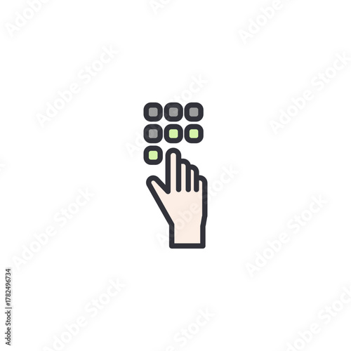 Finger pressing touchscreen numeric keypad button on smart device interface, representing authentication login, access verification, digital password control, secure code input.