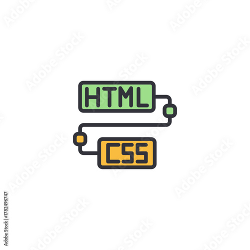 HTML and CSS label icon representing front-end web development technology, focusing on markup creation, stylesheet styling, user interface building, and modern responsive website design concept.
