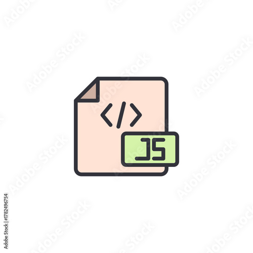 Icon of code document with JS label representing JavaScript file, script source, or programming snippet for web development.