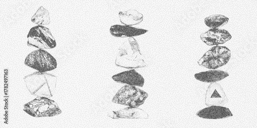 Magical stones arranged in balance, soft stipple shadows, retro mineral colors, earthy paper texture, faded edges and a mystical naturalist style.