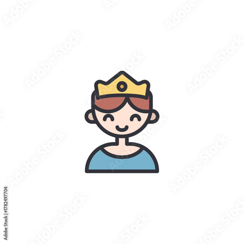 Young prince avatar icon with simple friendly expression, representing royal noble boy character, fantasy story figure, monarchy family member, used in game profile, medieval cartoon theme, or UI char