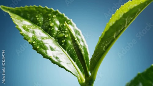 Beautiful 3D animation of a fresh green tea leaf growing and unfolding on a smooth blue background. The camera focuses closely as the leaf sprouts from a small stem, gradually opening 