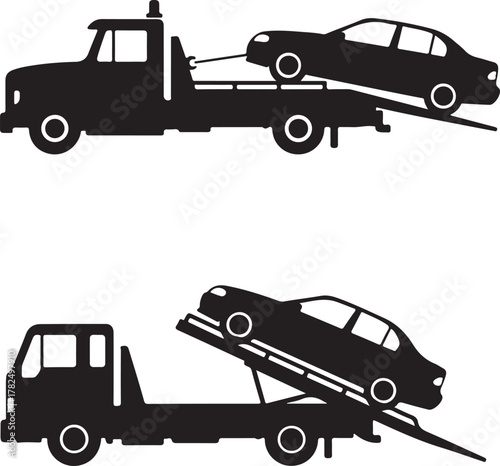 Tow truck silhouette, tow truck icon, tow truck silhouette vector illustration isolated on white background