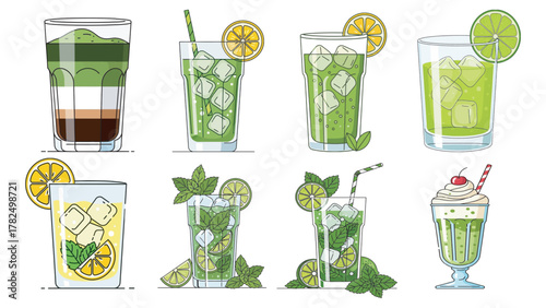 A vibrant collection of refreshing green and layered iced beverages, perfect for summer celebrations, happy hour menus, and festive occasions