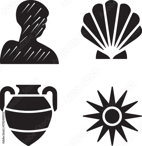 Ancient Greek icons figure, seashell, amphora, sun symbol.