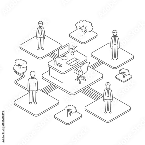 Isometric illustration of a distributed team working remotely connected to a central office