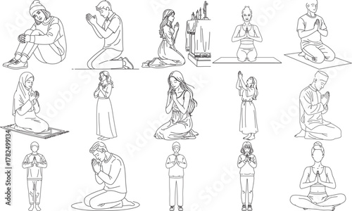 Black and white vector illustration showcases various medical professionals in different healthcare scenarios including doctors and patient interactions