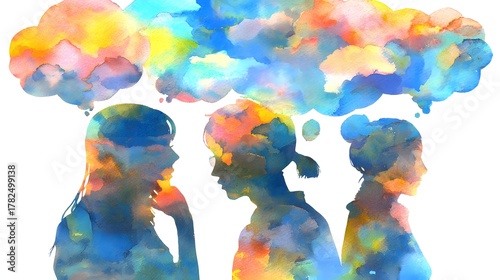 Silhouettes of three people featuring colorful, abstract thoughts above their heads