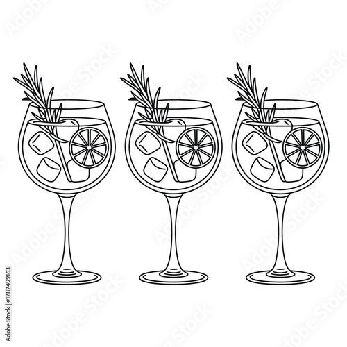 Three refreshing gin and tonic cocktails with citrus and rosemary garnish