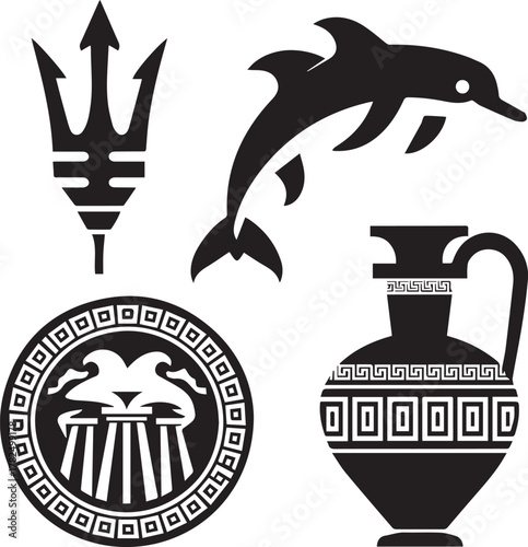 Ancient Greek sea mythology symbols vector icon collection.