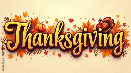Whimsical “Thanksgiving” typography design with ornate flourishes, warm fall colors, and illustrated turkey, cornucopia, and maple leaves, ideal for seasonal posters and invitations
