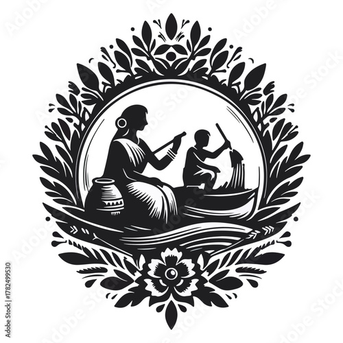 Mother and Child Rowing Boat Traditional Scene Emblem