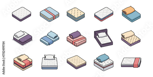 Isometric illustration of various bed designs and mattresses on black background