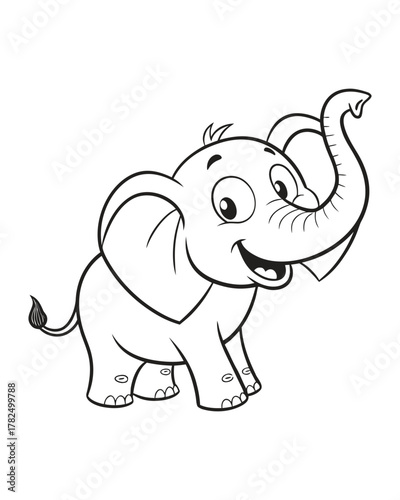 A simple black and white line drawing of a cheerful cartoon elephant with its trunk raised in excitement