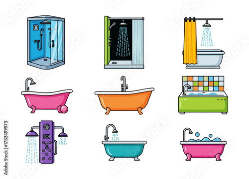 Bathroom fixtures collection bathtubs and showers vector illustration