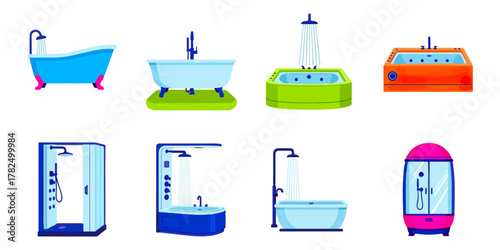 Bathroom fixtures collection illustration on black backdrop