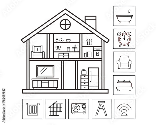 A hand-drawn illustration shows a cutaway view of a two-story house with various rooms, alongside icons representing smart home technology