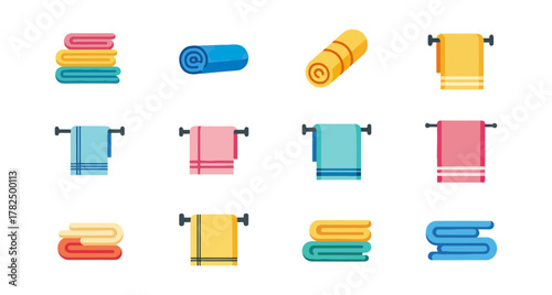 Collection of colorful towels in various arrangements and styles