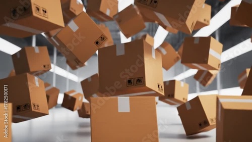 Falling and rotating cardboard boxes. Falling packages. Logistics and retail goods delivery commercial business concept. Professional cinematic slow motion 4K 3d animation