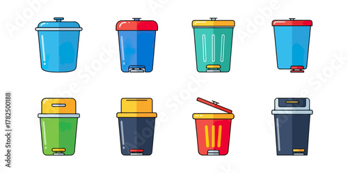 Collection of colorful trash cans isolated on black background vector illustration