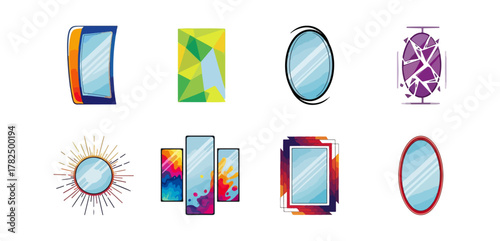 Collection of decorative mirrors of various shapes and styles against black backdrop