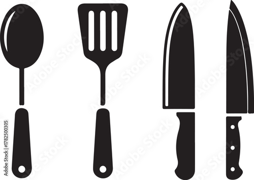 Kitchen Utensils Black Silhouette Set: Pan, Pot, and Whisk

Monochrome Cooking and Baking Equipment Icon Collection

Vector Graphic of Cookware for Recipe and Menu Design