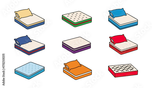 Collection of stylized mattresses with pillows on black background
